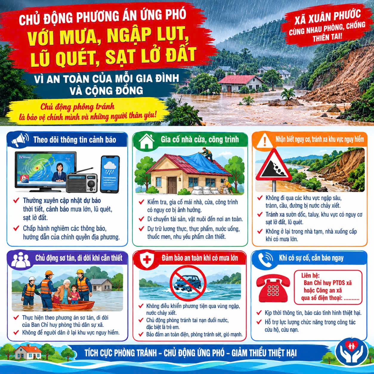 Chủ động ứng, phó với mưa lớn, ngập lụt, lũ quét, sạt lở đất trên địa bàn xã