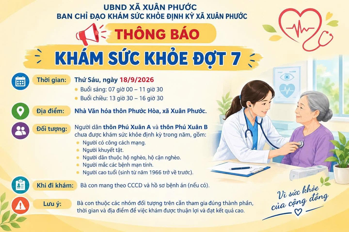 THÔNG BÁO KHÁM SỨC KHỎE ĐỊNH KỲ ĐỢT 7 TRÊN ĐỊA BÀN XÃ XUÂN PHƯỚC,