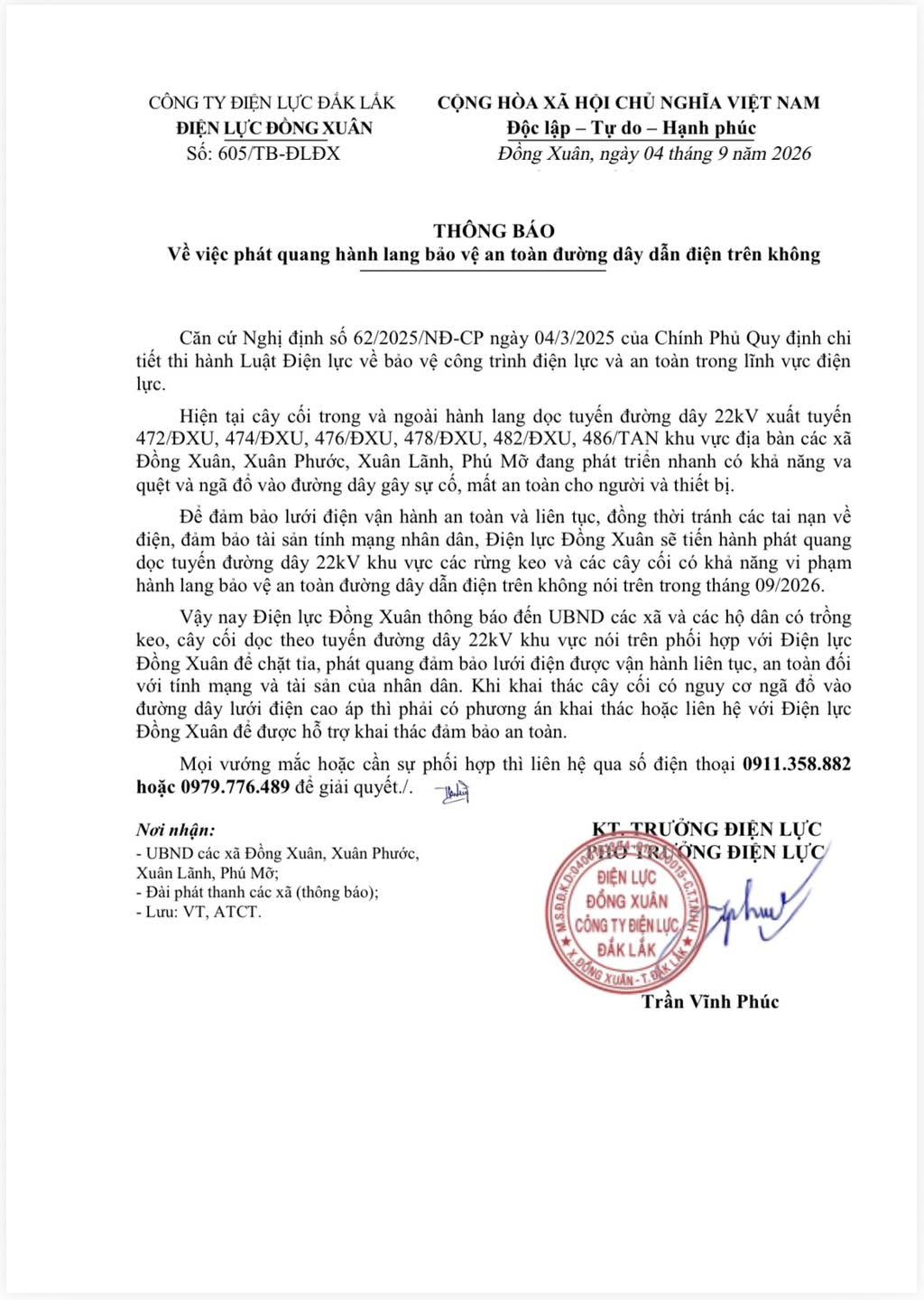 THÔNG BÁO Về việc phát quang hành lang bảo vệ an toàn đường dây điện trên không