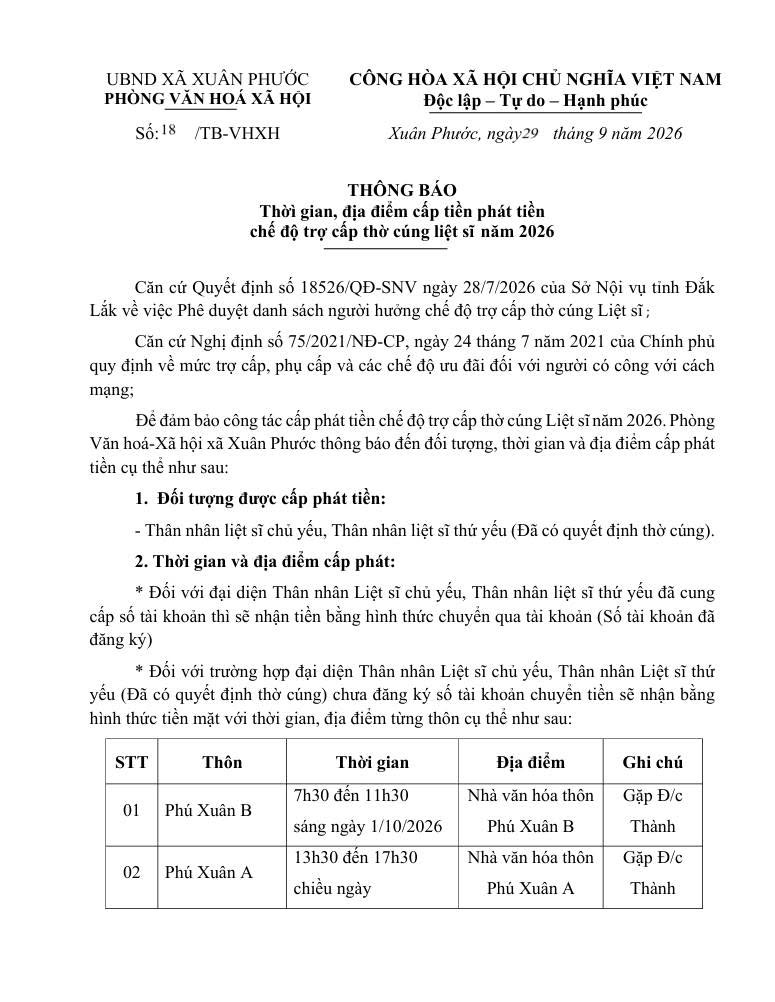 Thờì gian, địa điểm cấp tiền phát tiền chế độ trợ cấp thờ cúng liệt sĩ năm 2026