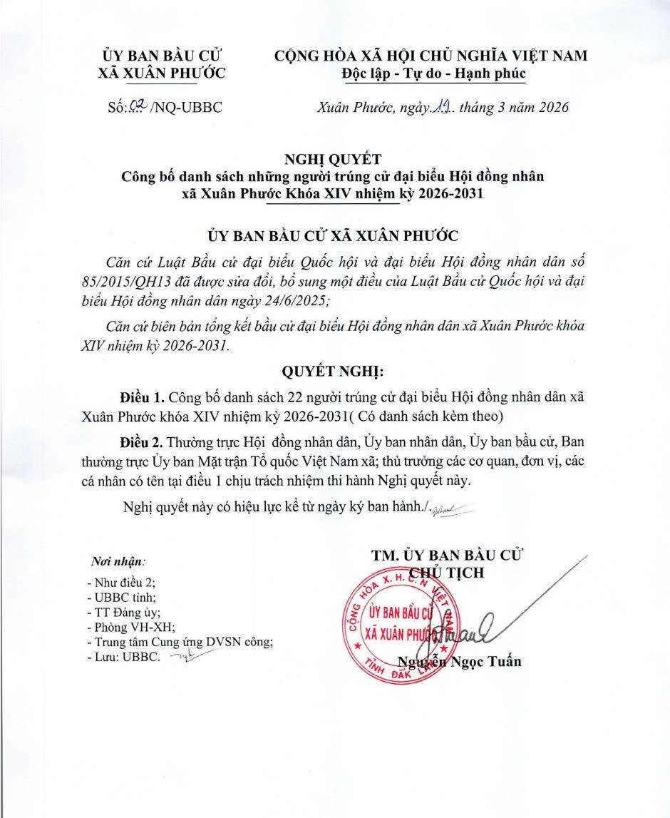 CÔNG BỐ DANH SÁCH 22 NGƯỜI TRÚNG CỬ ĐẠI BIỂU HĐND XÃ XUÂN PHƯỚC KHÓA XIV, NHIỆM KỲ 2026 - 2031