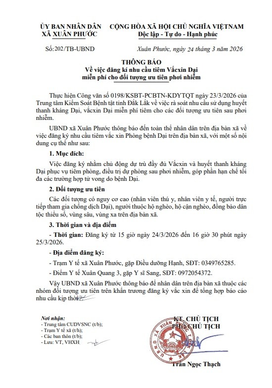 Về việc đăng kí nhu cầu tiêm Vắcxin Dại miễn phí cho đối tượng ưu tiên phơi nhiễm