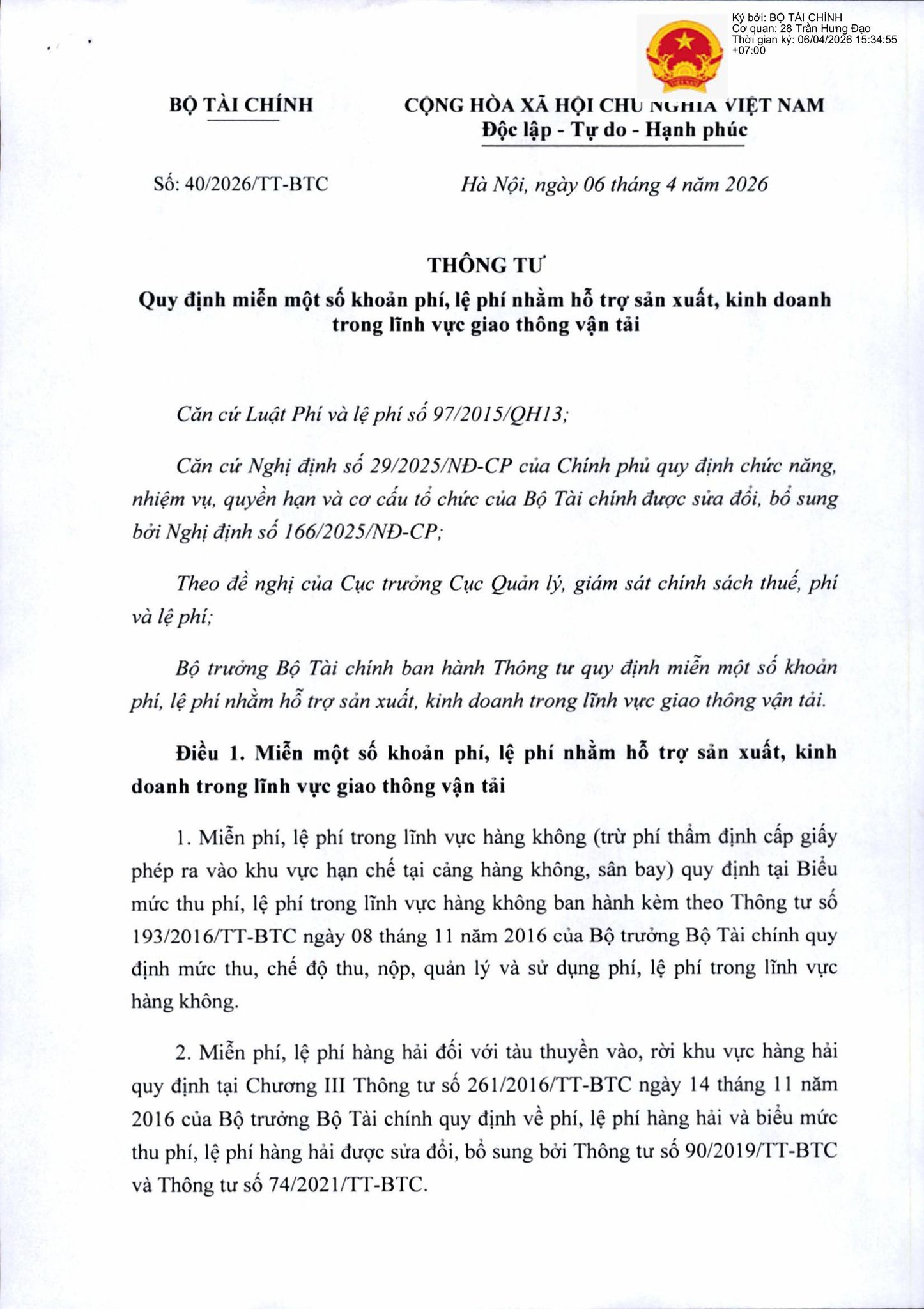 Miễn một số khoản phí, lệ phí nhằm hỗ trợ sản xuất, kinh doanh lĩnh vực giao thông vận tải đến hết 30/6