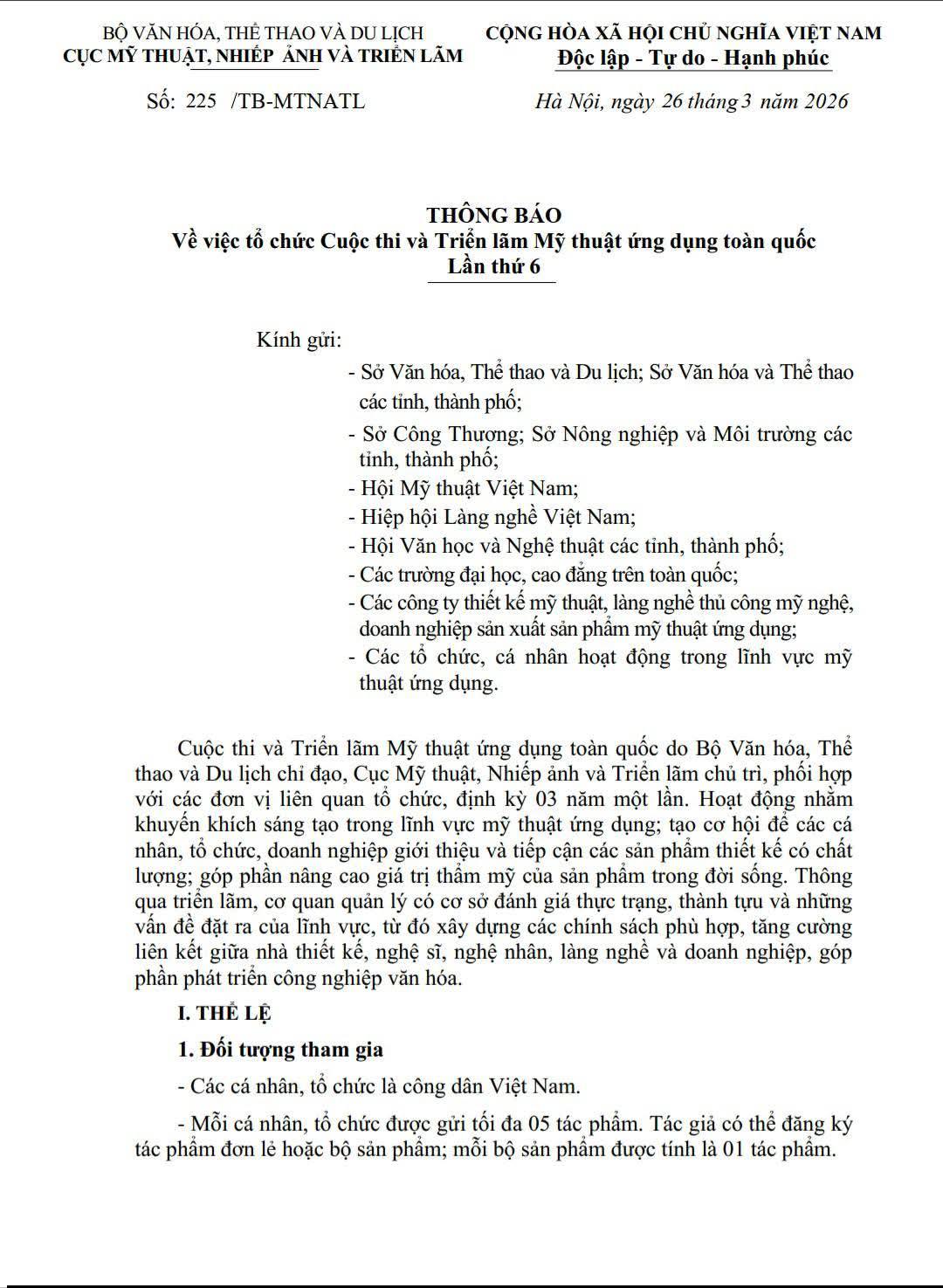 THÔNG BÁO VỀ VIỆC TỔ CHỨC CUỘC THI VÀ TRIỂN LÃM MỸ THUẬT ỨNG DỤNG TOÀN QUỐC LẦN THỨ 6