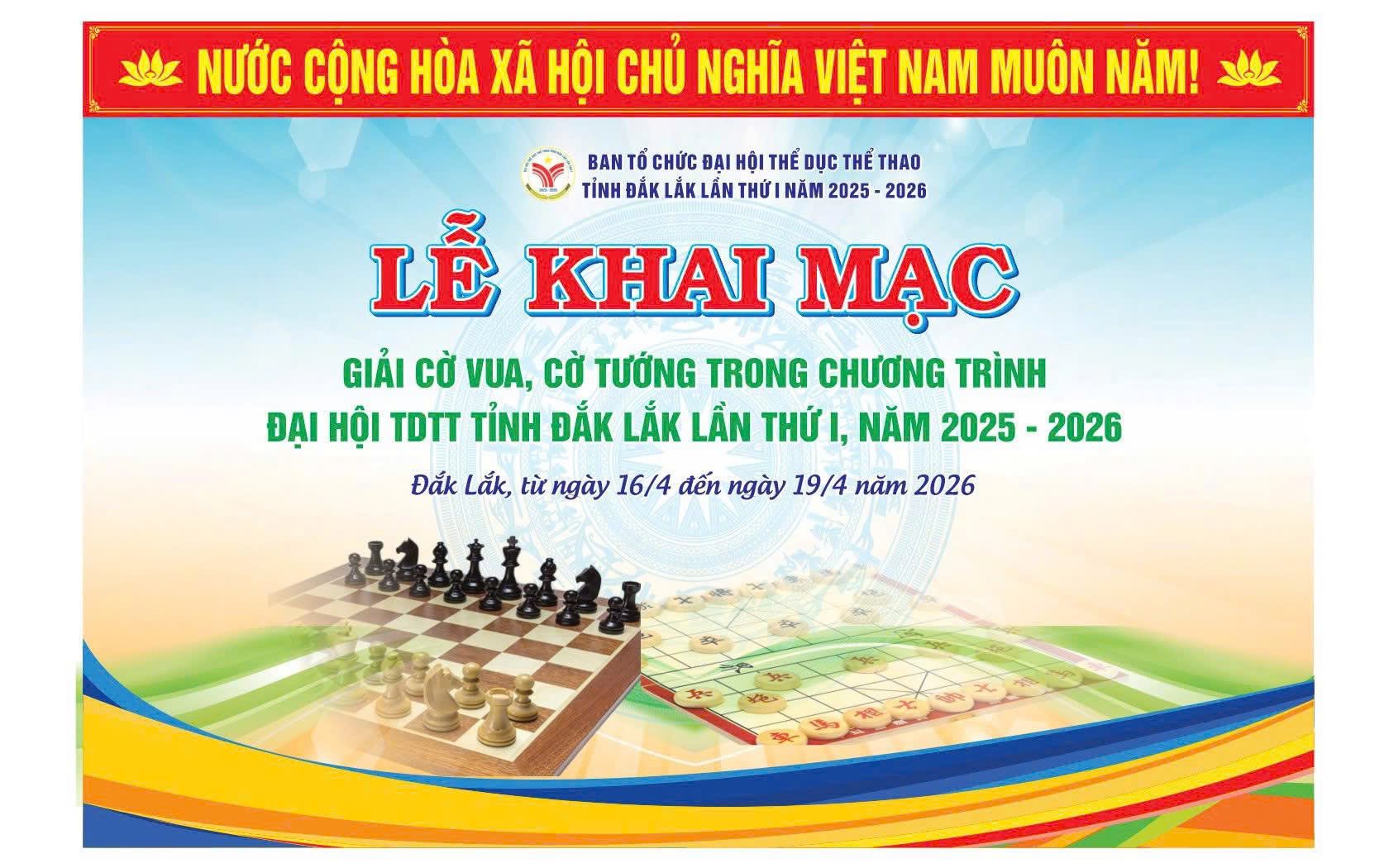 115 vận động viên môn Cờ tương, 97 vận động viên Cờ vua tham gia giải trong chương trình Đại hội TDTT tỉnh Đak Lak lần thứ I năm 2025-2026. Từ ngày 17-19/4/2026, tại Nhà thi đấu Lê Trung Kiên, Phường Tuy Hoà.
